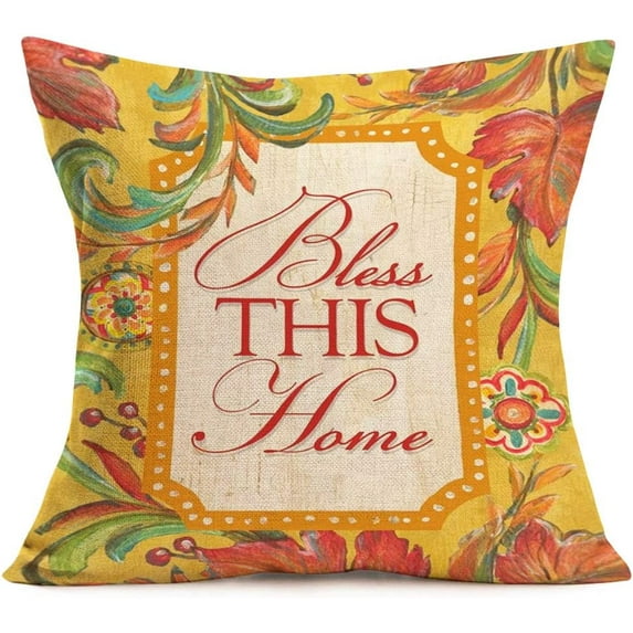 Throw Pillow Case Bless This Home Lettering Throw Pillow Covers Cotton Linen Vintage Watercolor Fall Plant Leaf Cushion Cover Outdoor Decor for Home Sofa 18x18 Inch (AH 05)