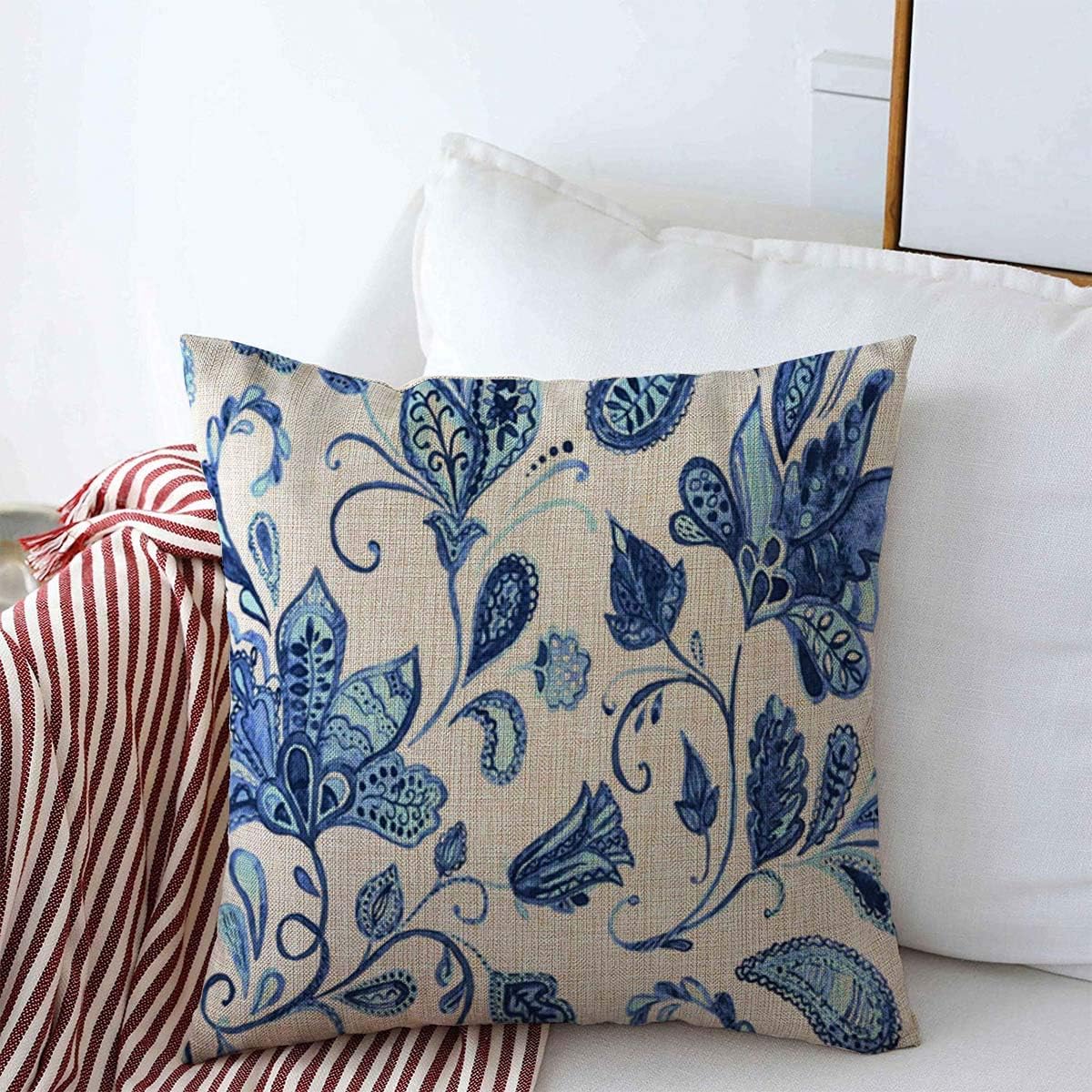 Throw Pillow Case Ethnic Navy Abstract Paisley Watercolor Floral