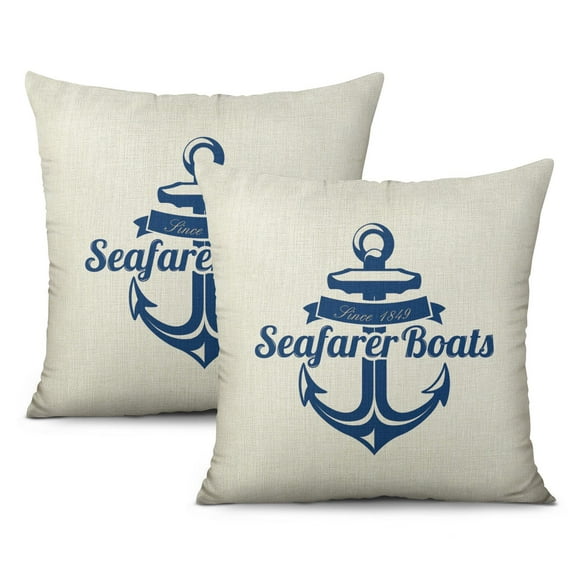 Throw Pillow Cases 2 Pack Navy Blue Nautical Ocean Pillow Covers 16x16, Starfish Coral Anchor Design, Sea Animal Cushion Cases for Bed Sofa Home Car Bedroom