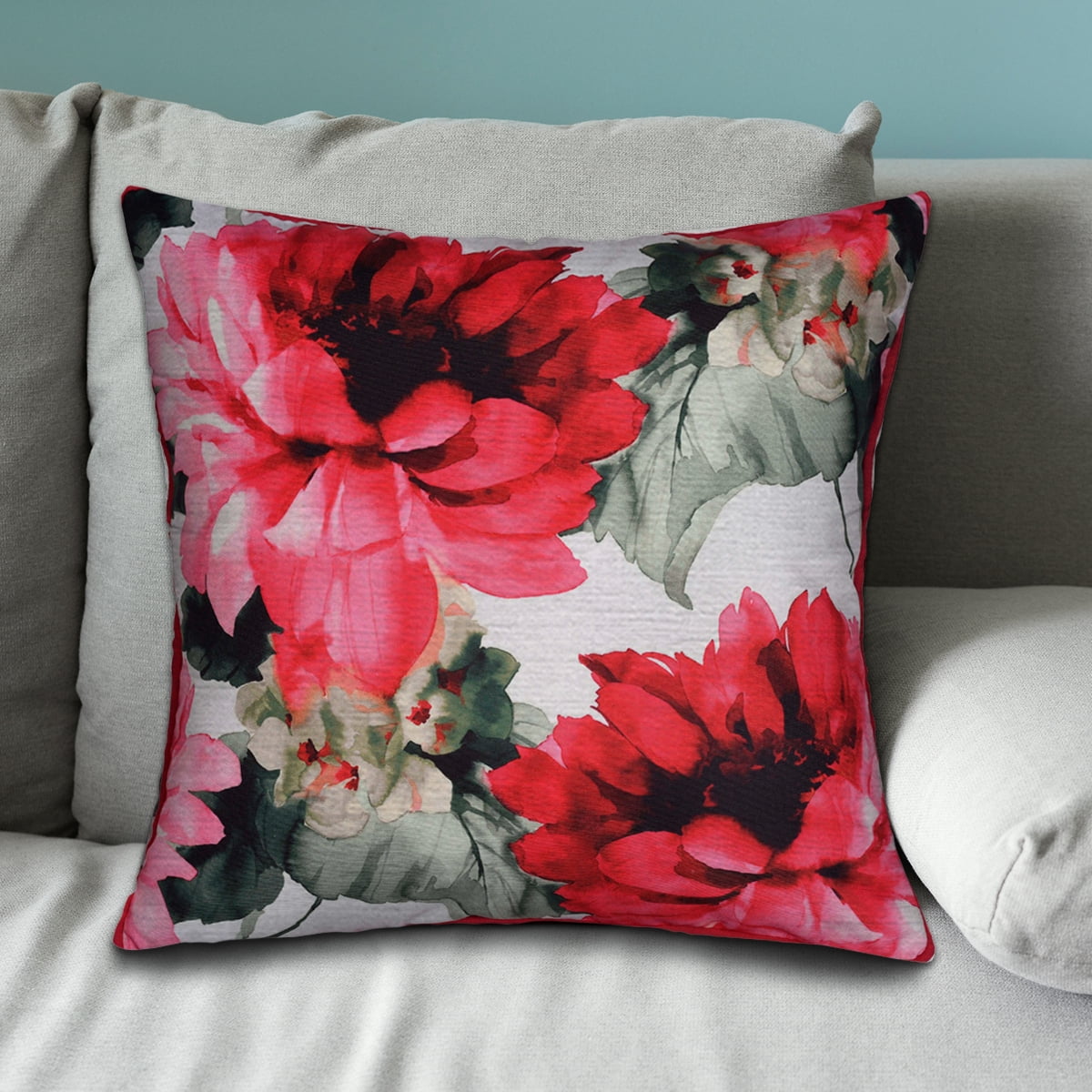 Floral Red and Green Cotton Polyester Embroidered Square Pillow Cover
