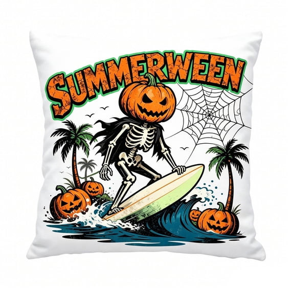 Throw Pillow Cover 18 Inch Summerween Surfing Skeleton Halloween Decor for Home