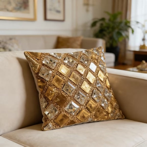 Throw Pillow Cover 18x18 Gold Velvet with Rhinestones, Luxury Decorative Cushion Case for Sofa Bed Couch Chair