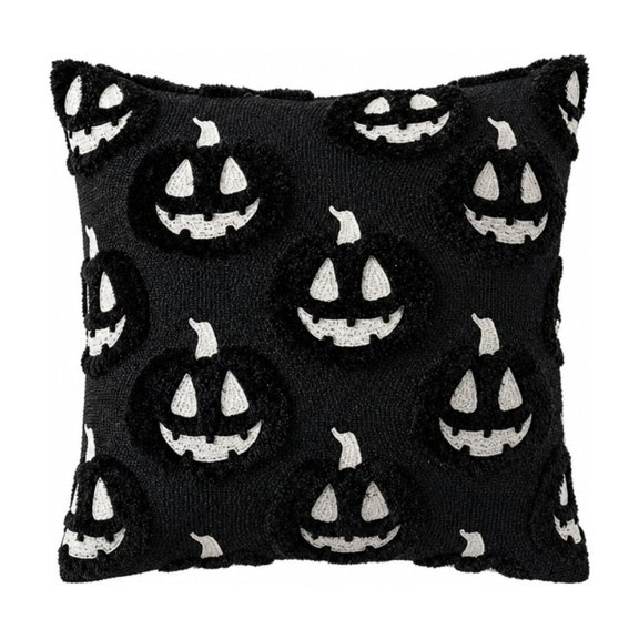 Throw Pillow Cover Black Embroidered Jack O Lantern Pattern for Halloween Indoor Home Decor