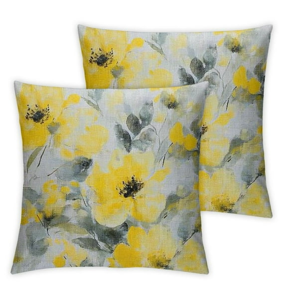 Throw Pillow Cover Black Floral Watercolor Bright Summer Pattern Yellow and Blue Abstract Flowers Gray Simple Botanica Home Decor Pillowcase for Sofa