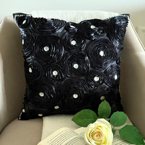 Throw Pillow Cover, Black Pillow Cases, Ribbon Black Rose Pillows Cover, 18x18 inch (45x45 cm) Pillow Cover, Square Silk Pillows Cover, Floral Pillows Cover, Modern - Black Paradise