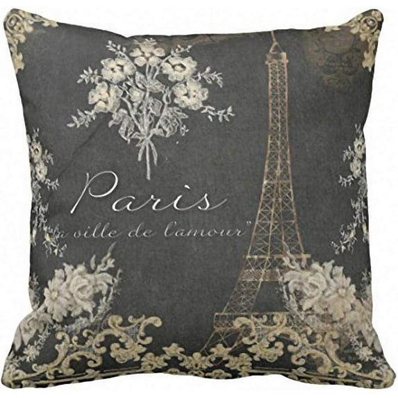 Throw Pillow Cover Black Vintage Paris City of Love Eiffel Tower Chalkboard Tan Antique Decorative Pillow Case Home Decor Square 18 x 18 Inch Pillowcase