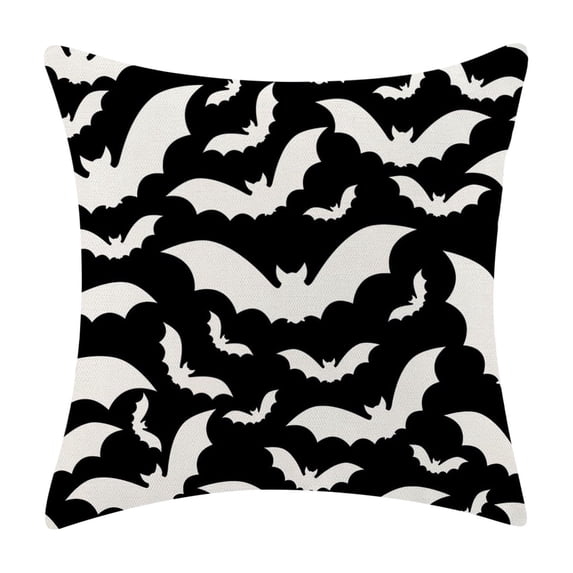 Throw Pillow Cover Black and White Bat Print 16 X 16 Inch Linen Pillow Case for Halloween Indoor Outdoor Home Decor 1 Pack