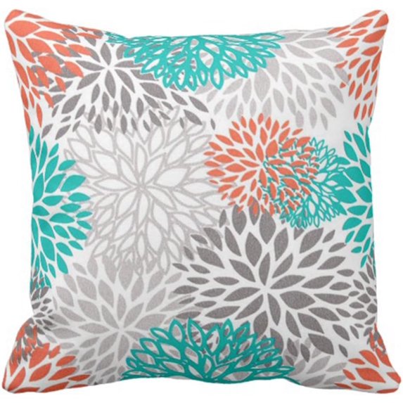 Throw Pillow Cover Blue Aqua Orange Gray and Floral Anchors Decorative Pillow Case Home Decor Square 16 x 16 Inch Pillowcase