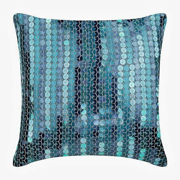 Throw Pillow Cover, Blue Cushion Cover 16x16 inch (40x40 cm), Silk Throw Pillows For Couch, Circles & Dots, Dotted, Sequins Embellished, Modern Designer Throw Pillow Covers - Sea Foam