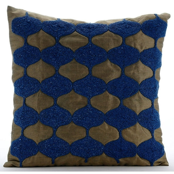 Throw Pillow Cover, Blue Decorative Toss Pillows 16x16 inch (40x40 cm), Silk Throw Pillow Covers, Moroccan, Lattice, Trellis, Beaded, Contemporary Pillow Covers - Living Blue Tops