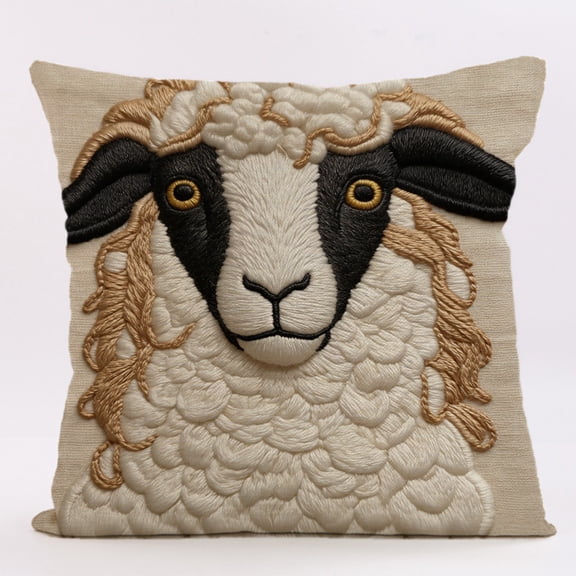 Throw Pillow Cover, Breathable Linen, 1 Piece, 3D Embroidered Sheep Pattern, Decorative for Sofa Home