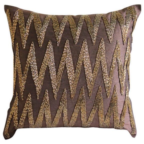 Throw Pillow Cover, Brown Pillow Covers For Couch 16x16 inch (40x40 cm), Silk Throw Pillow Covers, Chevron, Modern Designer Pillow Case Cover - Gold Zig Zag