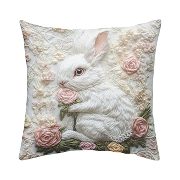 Throw Pillow Cover Bunny Design Throw Pillow Cover, Easter Faux Embroidery Polyester Cushion Cover 45x45 cm, 3D Printed Decorative Pillowcase for Living Room Sofa Bed Accent Multicolor