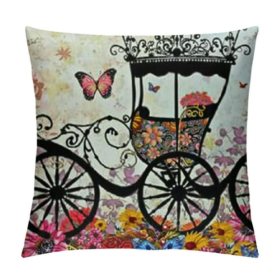 Throw Pillow Cover Cinderella Vintage Floral Carriage Cart Birthday Horse Wedding Chariot Pillowcase Home Decorative Square Pillow Case Cushion Cover