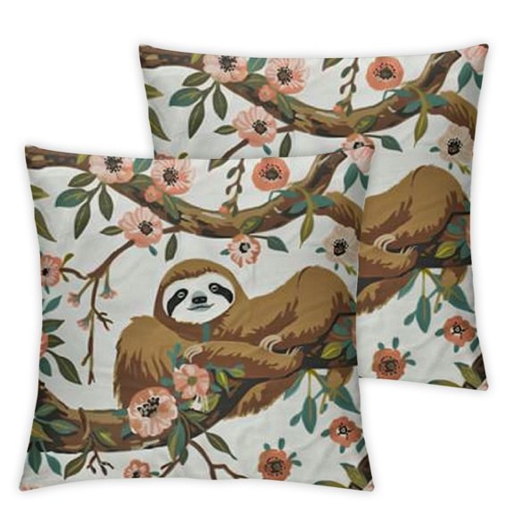 Throw Pillow Cover Cute Sloths Adorable Cartoon Animal Sloth On Tree Branch Flowers Leaves Jungle Decor Lumbar Pillow Case Cushion for Sofa Couch Bed Standard Queen