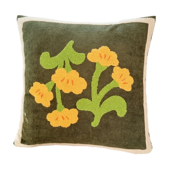 Throw Pillow Cover Dark Olive Yellow Floral Hook Stitched Accent Decor New Home Gift Farmhouse Boho Decor for Couch Bedroom