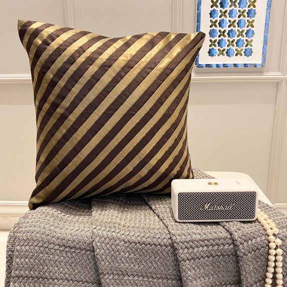 Throw Pillow Cover, Decorative Pillow Covers 14x14 inch (35x35 cm) Brown, Silk Throw Pillow Covers, Handmade Pillow Covers, Striped Pillow Covers, Modern - Unfolding Brown Antique
