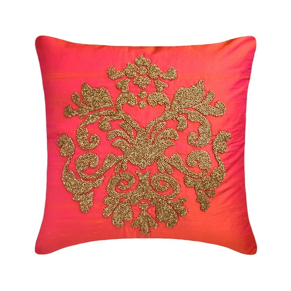 Throw Pillow Cover, Decorative Pink & Gold 16"x16" (40x40 cm) Throw Pillow Covers, Silk Damask, Beaded & Embroidered Throw Pillows For Sofa, Abstract Pattern Modern - Damask Silk Pink