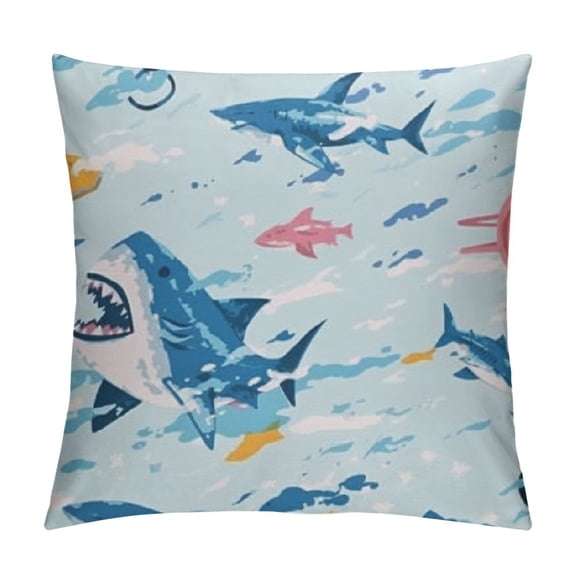 Throw Pillow Cover Doodle Cute Sharks - Decorative Square Pillowcase Cozy Soft Cushion Covers for Couch Sofa Bedding Home Decor