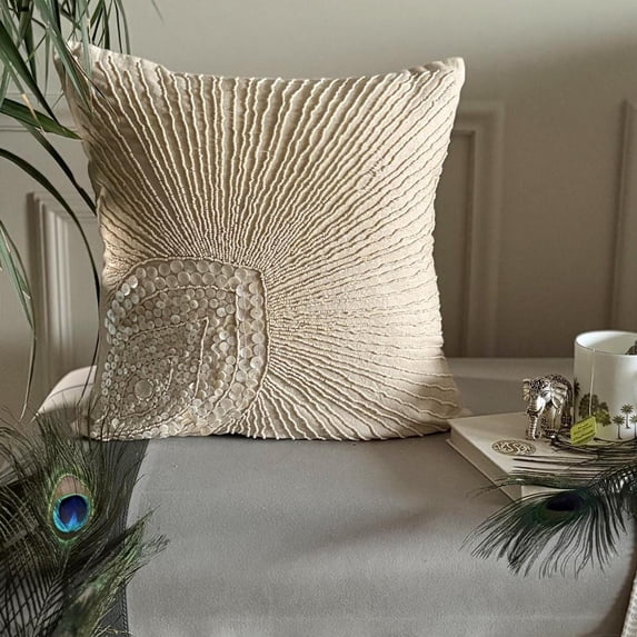 Throw Pillow Cover, Ecru Decorative Pillow Case Cover 16x16 inch (40x40 cm), Linen Throw Pillows For Couch, Birds, Peacock Feather, Pearls, Contemporary Accent Throw - Peacock Pearls