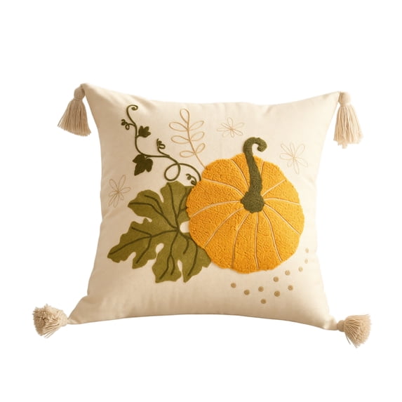 Throw Pillow Cover Embroidered Pumpkin Decor Seasonal Decor Farmhouse Decor Housewarming Fall Gift Canvas Cream Decor for Porch Entryway