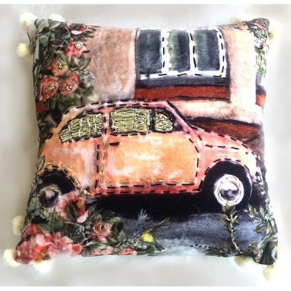 Throw Pillow Cover Embroidered Vintage Car