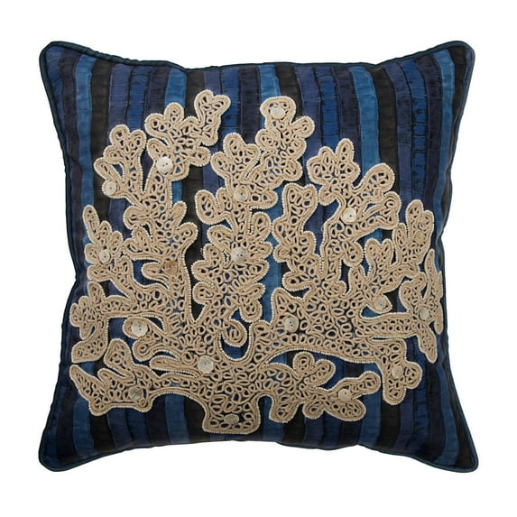 Throw Pillow Cover, Faux Leather Pillow Cover, 16x16 inch (40x40 cm) Pillowcase, Square Blue Stripe Coral Embroidery Throw Pillow Cover, Contemporary, Sea Creatures - Coral In The Sea