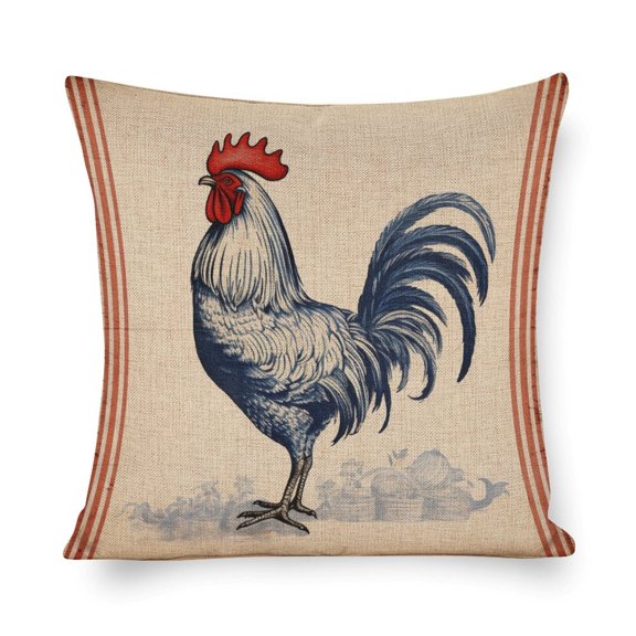 Throw Pillow Cover French Farmhouse Rooster Blue Grain Sack Striped Drawing Pillow Case 20"x20" Vintage Farm Rooster Hen Decorative Throw Pillow Covers Decoration for Sofa Couch