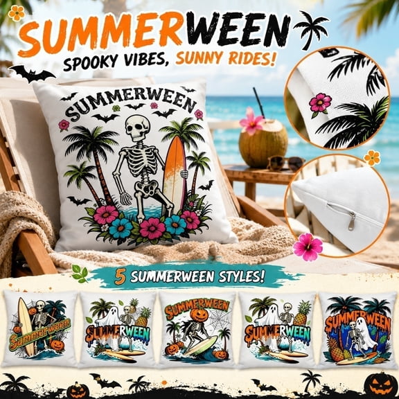 Throw Pillow Cover, Halloween Skeleton Decorations, Beach Room Decor, Summer Decorations for Home, 18X18 Inch Double-Sided Linen Surfing Skeleton Ghost Cobweb Pumpkin Print Pillow