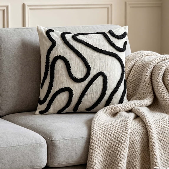 Throw Pillow Cover Minimalist Line Embroidered 17.71 Inch Cushion Case for Sofa Bed Living Room Bedroom Neutral Home Decor Modern Boho Farmhouse Pillow Cover Clean Layered Look Decorative Pillow Case
