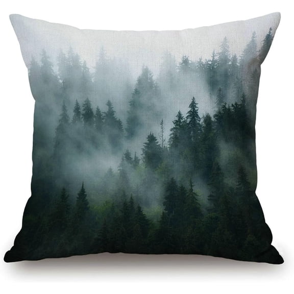 Throw Pillow Cover Misty Forest, Pillow Cover 18"x18" Nature Pine Trees Scenic Foggy Mountain Cool Woodsy Landscape Woodland Room Decor for Living Room Couch Cushion Bed Indoor Outdoor Home Decor