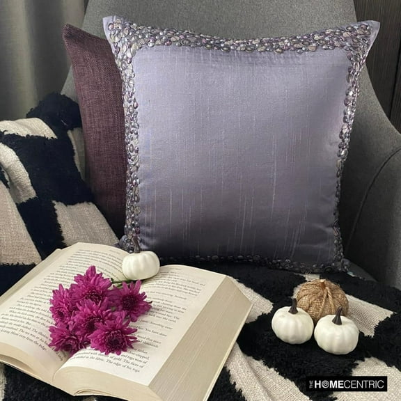 Throw Pillow Cover, Purple Toss Pillow Covers 16x16 inch (40x40 cm), Silk Throw Pillows For Couch, Bordered, Shells, Sequins Embellished, Beach Style Decorative Throw - Purple Shells