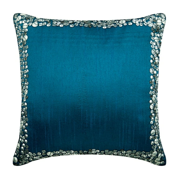 Throw Pillow Cover, Royal Blue Pillows Cover, 3D Metallic Sequins Bordered Pillows Cover, 18x18 inch (45x45 cm) Pillow Cover, Square Silk Pillows Cover, Bordered - Royal Blue & Silver