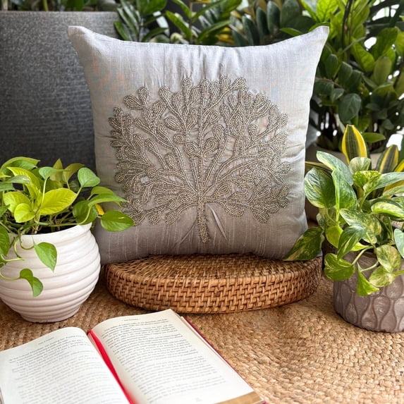 Throw Pillow Cover, Silver Decorative Accent Throw Pillows 16x16 inch (40x40 cm), Silk Pillowcase With Zipper, Nature & Floral, Tree, Beaded, Modern Cushion Cover - The Silver Tree