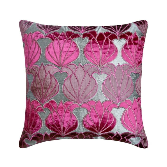 Throw Pillow Cover, Silver Pillow Cover For Sofa 16x16 inch (40x40 cm), Silk Couch Throw Pillow Covers, Nature & Floral, Lotus, Applique, Art Deco, Modern Decorative - Fuchsia Lotus