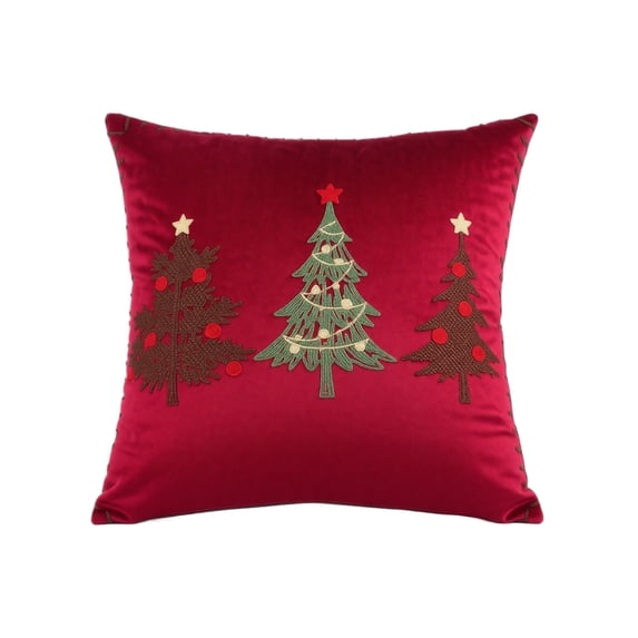 Throw Pillow Cover Soft Velvet Red 18 X 18 Inch Single Pack 3 Christmas Tree Embroidered Design for Living Room Bedroom Seasonal Holiday Home Decor