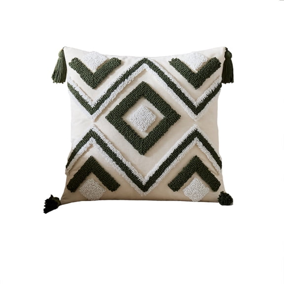 Throw Pillow Cover,Soft Washable Zipper Hidden Closure Geometric Pattern Tassel Corner Decor for Living Room Bedroom Office 18x18 Inch,Green