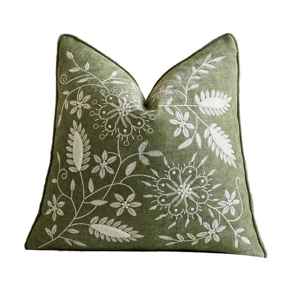 Throw Pillow Cover,Square Embroidered Floral Decor Cushion Cover for Sofa Living Room Entryway,Green