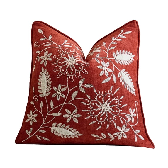 Throw Pillow Cover,Square Embroidered Floral Decor Cushion Cover for Sofa Living Room Entryway,Red