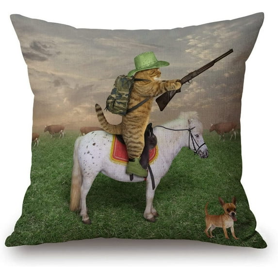 Throw Pillow Cover The Cat Cowboy with a Rifle Rides a Horse Decorative Pillow Case Home Decor Square 18x18 Inches Pillowcase