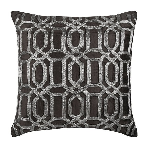 Throw Pillow Cover, Turkish Silver - 12x12 Inches Square Decorative Throw Pillow Cover In Grey Charcoal Color Velvet Pillow Cover With Zardozi Embroidery