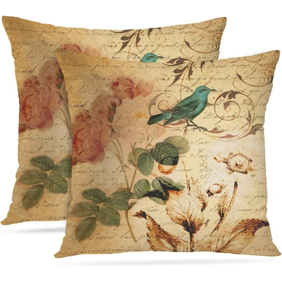 Throw Pillow Cover Victorian Bird Paris French Botanical Rose Decorative Pillow Case Floral Home Decor Square 18x18 Inch Cushion Pillowcase