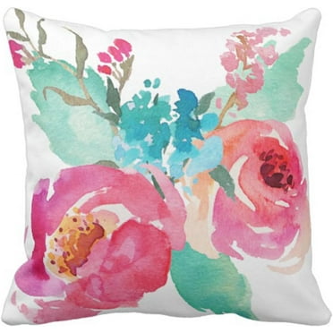 Throw Pillow Cover Watercolor Peonies Pink Turquoise Summer Bouquet Decorative Pillow Case Girly Home Decor Square 18 x 18 Inch Cushion Pillowcase