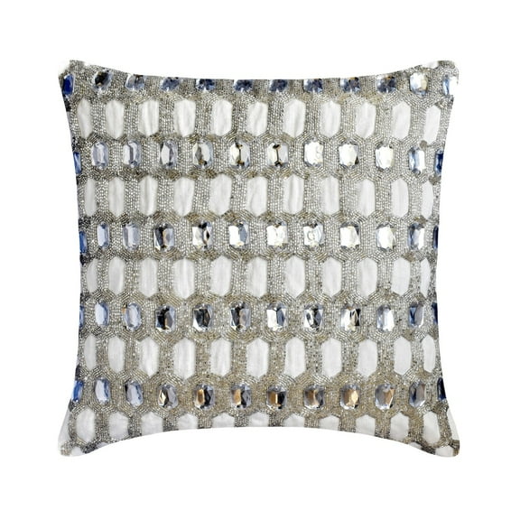 Throw Pillow Cover, White & Silver 16"x16" (40x40 cm) Accent Cushion Covers, Silk Crystals, Beaded & Embroidery Throw Pillows For Sofa, Geometric Pattern Modern Style - Kohinoor
