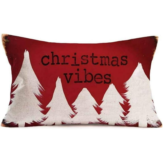 Throw Pillow Cover Xmas Christmas Trees with Retro Red Background Winter Pillow Cases Cotton Linen Lumbar Home Decor Pillowcase Cotton Linen Cushion Cover 12x20 Inch for Sofa (C 23)