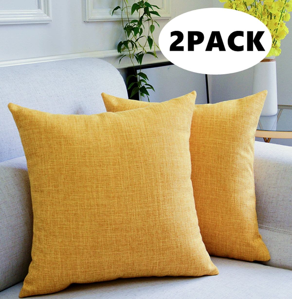 Anickal Set of 2 Mustard Yellow Pillow Covers Rustic Linen Decorative Square Throw Pillow Covers 18x18 inch for Sofa Couch Decoration