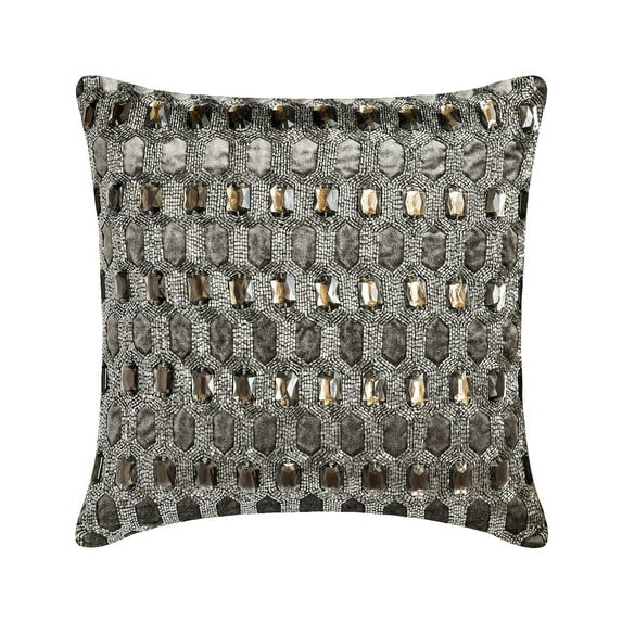Throw Pillow Cover With Zipper, Decorative Grey 20"x20" (50x50 cm) Throw Pillow Covers, Velvet Crystals Beaded Throw Pillows For Sofa, Geometric Pattern Modern Style - Jewel Sparkler