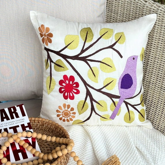 Throw Pillow Cover With Zipper, Multicolor Euro Size Pillow Covers 26x26 inch (65x65 cm), Silk Euro Pillowcases, Birds, Embroidery, Contemporary European Sham Covers - Birdy Style