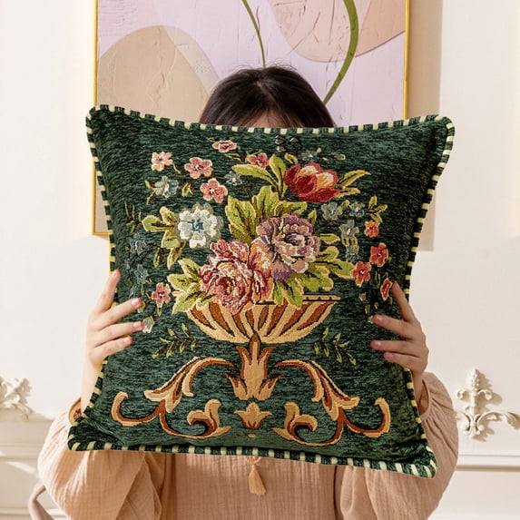 Throw Pillow Cover with Embossed Floral Pattern, Soft Cotton Lumbar Cushion Cover for Sofa, Decorative Square Pillowcase for Bedroom, 18.9x18.9 Inch