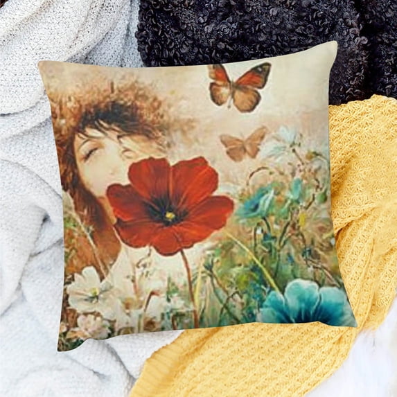 Throw Pillow Cover woman flowers butterflies Party Supplies for Home Sofa Couch Linen 100%